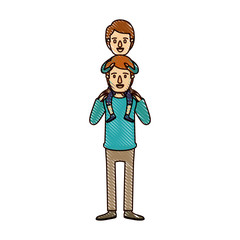color crayon stripe cartoon young father with boy on his back vector illustration