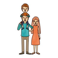 color crayon stripe cartoon family mother and father with boy on his back vector illustration