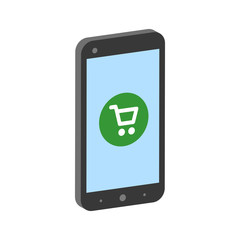 Smartphone with shopping cart, mobile shopping concept symbol. Flat Isometric Icon or Logo. 3D Style Pictogram for Web Design, UI, Mobile App, Infographic.