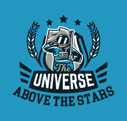 Design for printing on a T-shirt, an astronaut saluting and holding a flag. Space, galaxy, universe, cosmonaut's ammunition. Vector illustration, grunge effect