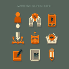 Business marketing Icons modern. Orange white vector on green background