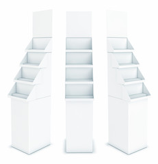 Cardboard rack with shelves for shops. Set of 3d images isolated on white.