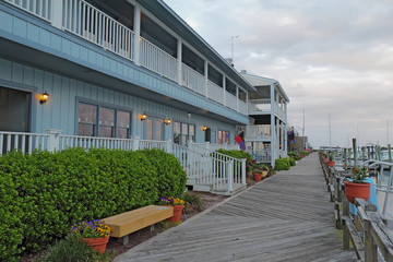 Buildings on the boardwalk at sunset in Beaufort, North Carolina