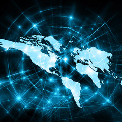 World map on a technological background, glowing lines symbols of the Internet, radio, television, mobile and satellite communications.