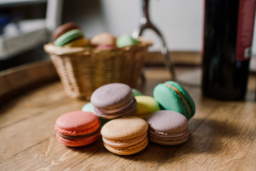 vivid color macaroons on wooden table