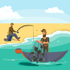 Cartoon fisherman standing in hat and pulls net on boat out of sea, happy fishman holds fish catch and spin vecor illustration fisher threw fishing rod into water concept, man active hobby character