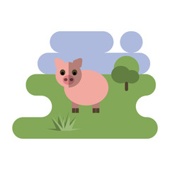 Flat cartoon pig icon on blue and green background