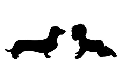 Vector silhouette of children with dog on white background.