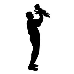 Vector silhouette of man with baby on white background.