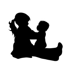 Vector silhouette of girl with baby on white background.