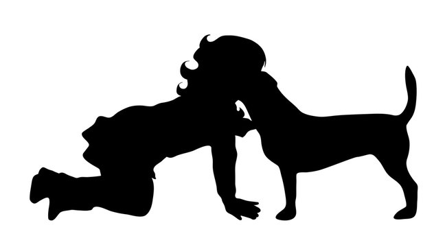 Vector silhouette of girl with dog on white background.
