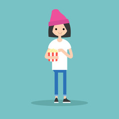 young cute girl chewing popcorn / full length character. flat vector cartoon.