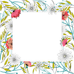 Square frame in the form of a wreath of multi-colored flowers and leaves on a white 