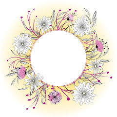Round frame in the form of a wreath of flowers and leaves on a white background