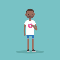 Young black man chewing a strawberry donut / flat editable vector illustration