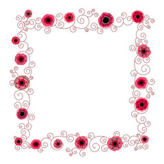 Abstract square frame of red flowers and curls on a white background