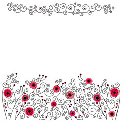Abstract frame of red flowers and curls on a white background