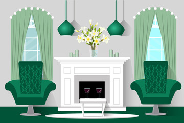 Interior living room. Fireplace and chairs. Vector flat illustration