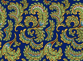 Vintage floral seamless pattern. Ethnic ornament. Stylized decorative leaves in folk style. Traditional handcraft. Seamless texture in bright colors on deep blue background