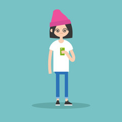 Conceptual illustration: young girl hypnotized by her smartphone's screen / flat editable vector illustration