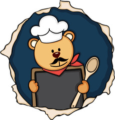 Teddy bear chef cook holding a blackboard label sticker
