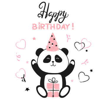 Happy Birthday card design with cute panda bear. Vector illustration.