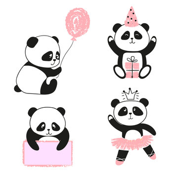 Cute cartoon panda bears set. Vector illustration.