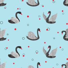 Seamless pattern with watercolor black swans on blue. Vector background.