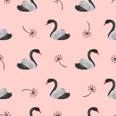 Seamless pattern with watercolor black swans on pink. Vector background