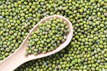 Green beans seed in a wooden spoon.