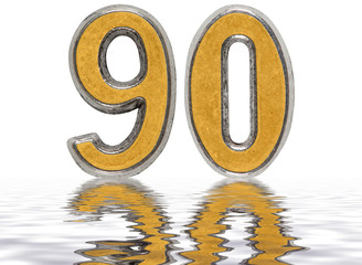 Numeral 90, ninety, reflected on the water surface, isolated on white, 3d render