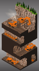 Vector isometric illustration describing the construction underground and open pit mining quarry. Equipment for high-mining industry. Trucks, excavator and mining trains.