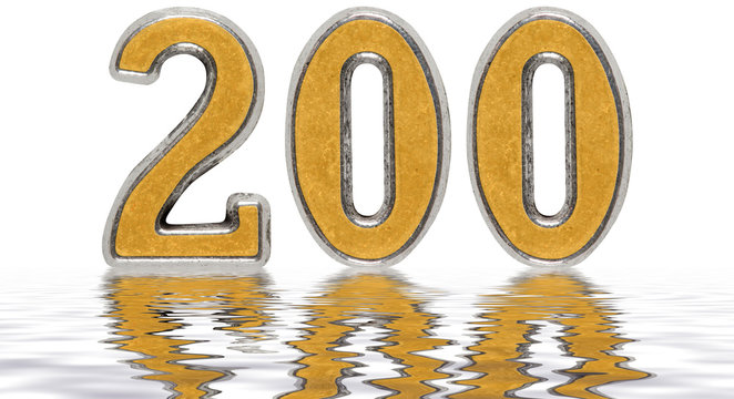 Numeral 200, two hundred, reflected on the water surface, isolated on white, 3d render