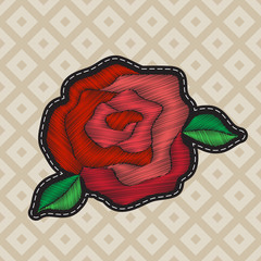 Red Rose Embroidery Patch Vector Illustration Isolated on Designer Canvas Seamless Diamond Pattern Background. Satin Stitch Needlework Floral Design Applique for Bags, Shoes or other Accessories.
