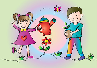  Kids watering and planting plants in the garden. 