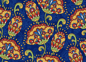 Vintage floral seamless pattern. Ethnic ornament. Stylized decorative flowers in folk style. Traditional handcraft. Seamless texture in bright colors on deep blue background.