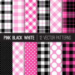 Pink, Black and White Polka Dots, Gingham and Tartan Plaid Vector Patterns. Trendy Hipster Lumberjill Flannel Shirt Checks. Set of Girly Chic Hot Pink Backgrounds. Pattern Tile Swatches Included. © Artefficient