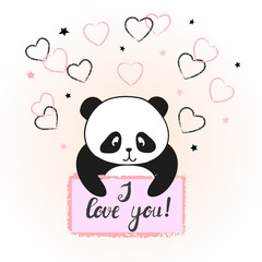 Vector illustration of cute cartoon panda bear in love. Valentine card design.