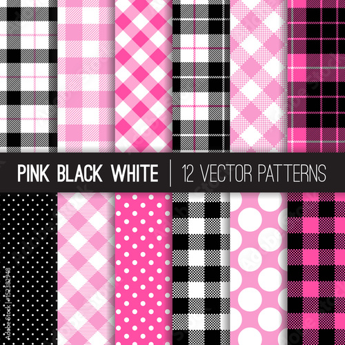 Pink Black And White Polka Dots Gingham And Tartan Plaid