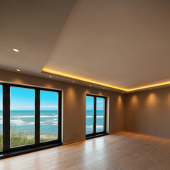 Living room in a modern apartment, sea view