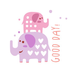 Two cute cartoon elephants. Good day colorful hand drawn vector Illustration