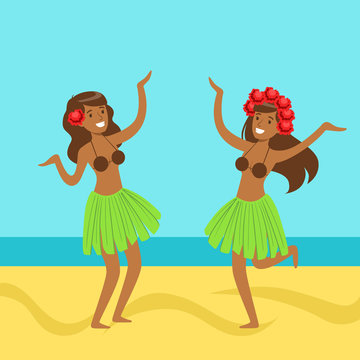 Hawaiian girl in grass skirt, with hibiscus in hair