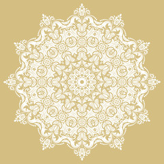 Oriental round white pattern with arabesques and floral elements. Traditional classic ornament. Vintage pattern with arabesques