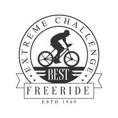 Freeride extreme challenge vintage label. Black and white vector Illustration