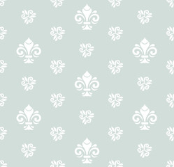Seamless light blue and white pattern. Modern geometric ornament with royal lilies. Classic vintage background