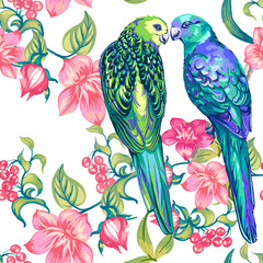 Seamless pattern of parrots and flowers.