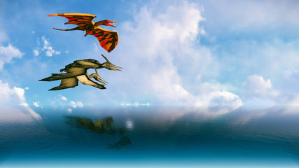 Flying pterodactyl against the beautiful cloudscape 3d illustration © satori