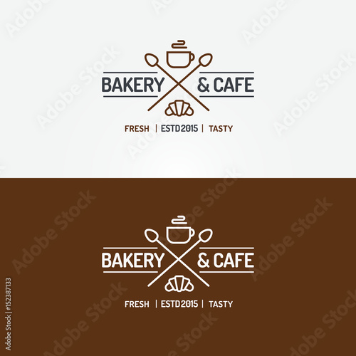 Bakery And Cafe Logo Set Line Style With Croissant Cup Of Tea And