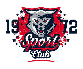 Design for printing on T-shirts, aggressive wolf ready to attack. Predator of the forest, dangerous beast, wild animal, mascot, sports identity, lettering. Vector illustration, grunge effect