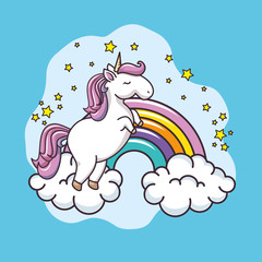 Cute unicorn, rainbow and stars design over blue background. Vector illustration.